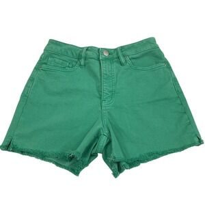 Womens Green Denim Shorts Size Medium 26" W High Rise Cut Offs Raw Hem